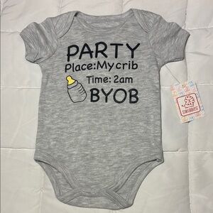Gray Baby Onesie with Fun Print “Party at My Crib”